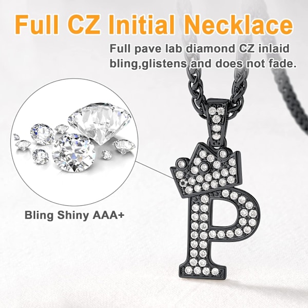 Krone Initial A-Z Halskæde, Iced Out Bogstav Vedhæng med 22-24 Tommer Kæde, Mænd Kvinder Bling Hip Hop Alfabet Navn Smykker Gave Store Initialer Halskæder P Black