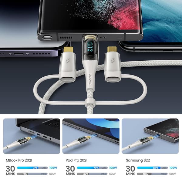 USB-C til Multiopladningskabel, USAMS 100W 4FT 5A Type C til Type C Hurtigopladerledning med LED-display 5-i-1 C/A til C/Micro/IP Synkronopladeradapter White 2m