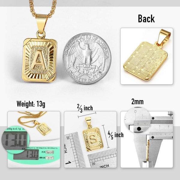 Initial A-Z Bogstav Vedhæng Halskæde Mænd Kvinder Store Bogstav Guldbelagt Rustfrit Stål Kæde 22 tommer Gold E