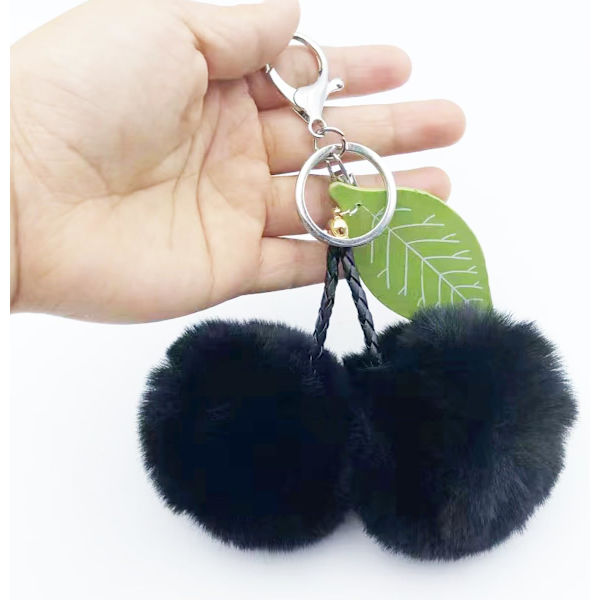 Pom Pom Nøkkelring Kunstig Pels Ball Nøkkelringer Fluffy Tote Anheng Bil Veske Sjarme Cherry Black