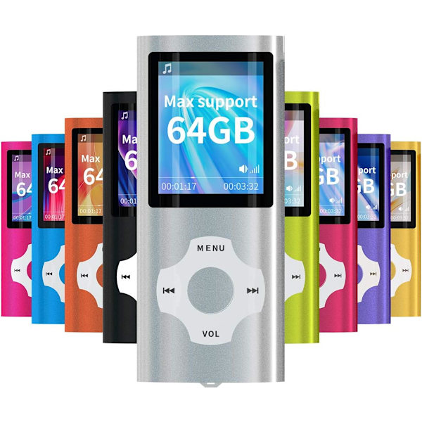 MP3/MP4 bärbar spelare, 1,8 tum LCD-skärm, maxstöd 64 GB, silver