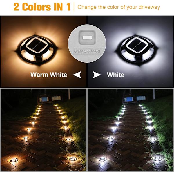 Solcelledrevne indkørselslamper Dock Marine Lights 8-pak, 2 farver i 1, udendørs LED-dæklys, solcelledrevne vandtætte advarselstrinlys til indkørsel Sidew Warm White8