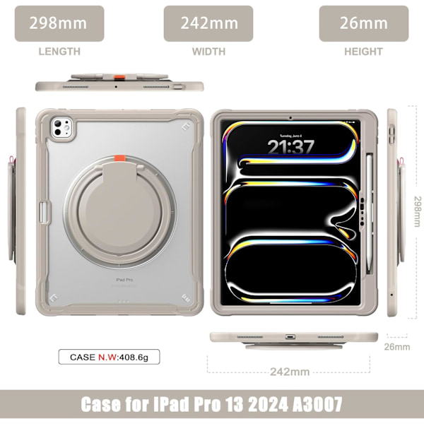 iPad Pro 11 tommer Deksel 2024 M4 Chip Lett Dobbeltlags Beskyttende Nettbrettdeksel, Slitesterke Sh0ck-Absorberende Hjørner med 360° Rotasjon Khaki iPad pro11 2024