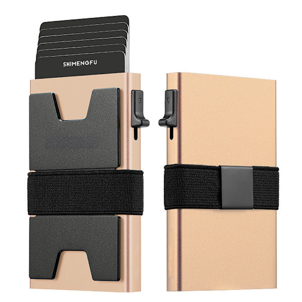 Slank Aluminium Kort Holder Tegnebog til Mænd, Holdbar Udvidbar Bagplade, RFID Blokering Minimalistisk Metal Pop Up Tegnebog, Holder 12+ Kort Plus Kontanter Gold