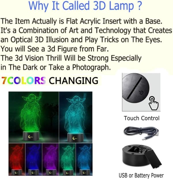 3D LED Natlamper, 3D Illusionslampe 7 Farver Skiftende