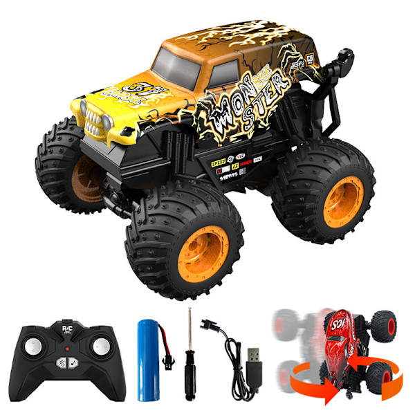 Fjärrkontrollbil, 2,4 GHz terränggående monstertruckleksaker, RC-lastbil med musik, 3 ljuseffekter, 360 stuntförmåga, leksakspresenter till pojkar och flickor Yellow