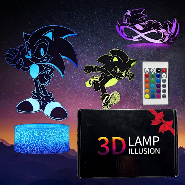 3D Sonic Anime Nattlampe - LED Illusionslampe med 3 Mønstre og 16 Fargeendringer Dekor Bordlampe med Fjernkontroll