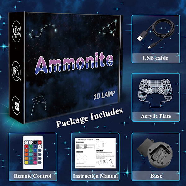 Gamepad 3D Illusion Lamp, Ammonite Controller Nattljus wi