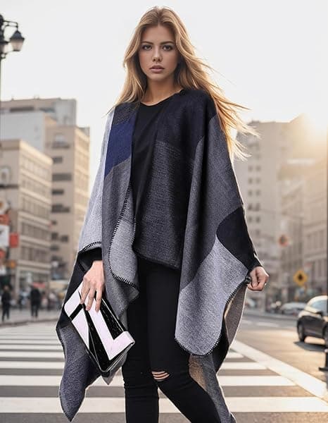 Werwing Dame Farveblok Sjal Wrap Åben Front Poncho Cape Oversized Afslappet Efterår Vinter Sweater Cardigan, Sort Black