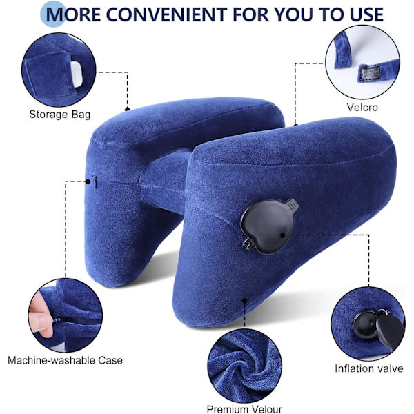 Nackkudde för resor Uppblåsbar flygplansdyna Stöder bekvämt huvud, nacke och haka, uppblåsbar resedyna med mjuk velouröverdrag, hatt, bärbar Blue with Hat