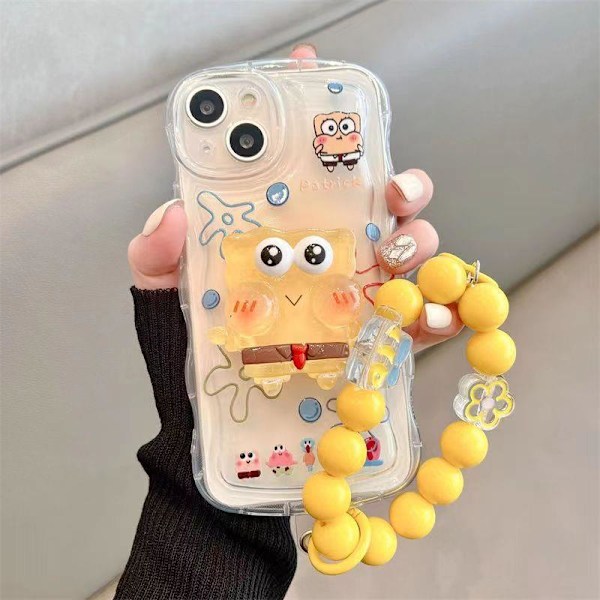 Kompatibelt søtt deksel for iPhone, Kawaii med stativ og anheng Telefondeksel, Tegneserie gjennomsiktig myk TPU-telefonbeskyttelse Spongebob iPhone 12 Mini