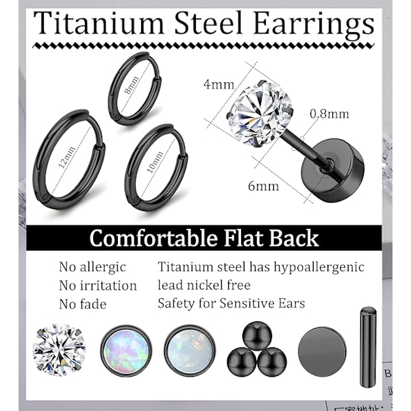 Kirurgiskt stål örhängen för kvinnor män 20 Gauge Hoop Stud Örhängen Set för flera piercingar CZ Boll Nap Örhängen Platt Baksida Hypoallergen Black