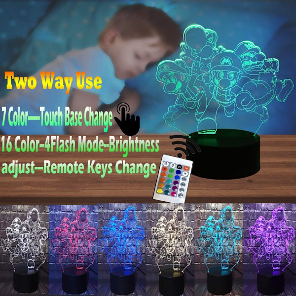 Tegneserie Lys Bros Yoshi Bror Luigi Toad Donkey Kong Bowser 3D LED Bordlampe Hjem Decor Natlys til Dreng Værelse med 7 Farve Smart Fjernbetjening Skift