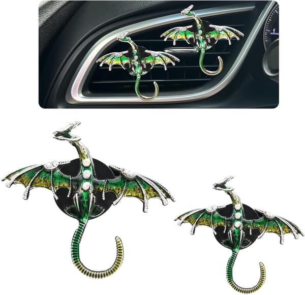 2 st Bling Gröna Drakbilsklämmor – Påfyllningsbar Diffuser för Eteriska Oljor, Emalj Elddrake Wyvern Gotisk Bildekor