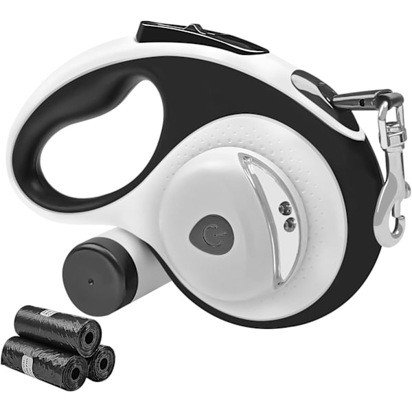 Inntrekkbar hundekobbel med avfallsposebeholder og lommelykt, 16 fot hundekobbel for små mellomstore hunder opptil 66 pund, en knappbryter og lås, 360° floke F 16ft white Large