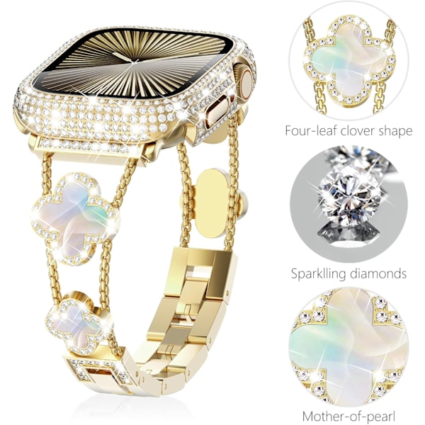 Surace Kompatibel med Apple Watch Series 10 Remmer 42mm for Kvinner, Smykker Diamant Rhinestone Rustfritt Stål Metall Armbånd Kløver Leaf-Gold/Iridescent 42/44/45MM
