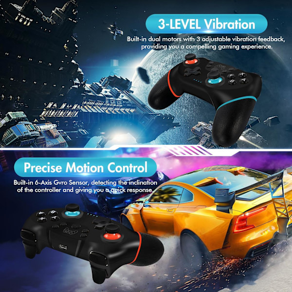 Controller til Switch, trådløs Pro Controller til Switch/Switch Lite, Switch fjernbetjening Gamepad Joystick, Turbo og dobbelt vibration Black