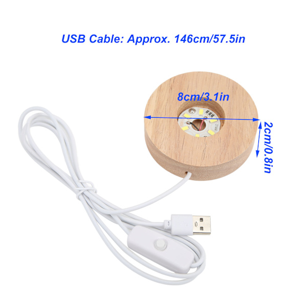 LED-lysbase USB-interface egetræmateriale rund 2cm/0,8in tykkelse glødende dekorativ displaylampe til hjemmet 5V White Light Base