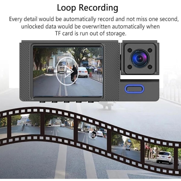 Dash Cam - 3-kanals Dash Cam, 1080P Dash Cam fram, bak och inuti, trippel Dash Cam, bil DVR med 170 ° vidvinkel, G-sensor, 24 timmars parkering, loopinspelning