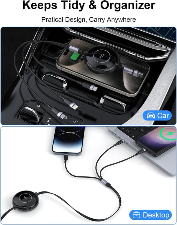 3-i-1 Multi-opladerkabel, Trækbart iPhone-oplader, 100W Hurtigopladning USB-C/A til Lightning/USB-C/Micro USB Telefonopladerkabel Black