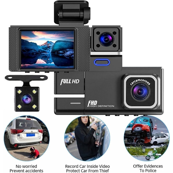 Dash Cam Front Inside Rear 1080P FHD til biler, tre linser 2 tommer display biloptager med 170 ° ultra vidvinkel, understøtter 128G, infrarød nattesyn