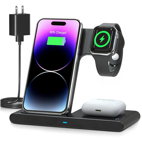 Trådløs oplader iPhone opladningsstation: 3 i 1 opladerholder til flere enheder til Apple-iPhone 15 14 Pro Max 13 12 11-iPhone Watch-Airpods 3 2 Pro.