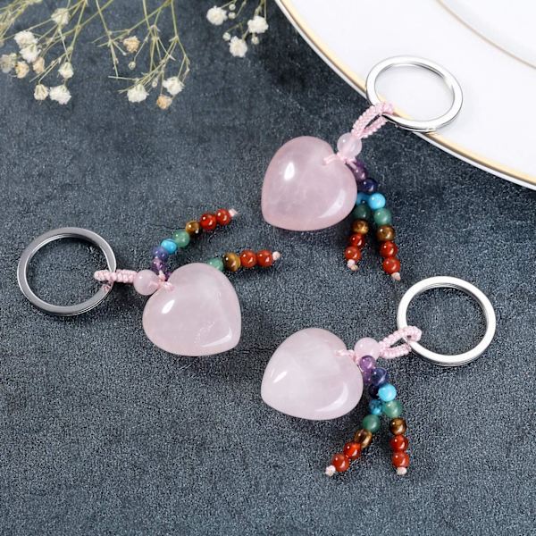 Naturlig krystalhjerte ædelsten nøglering 7 chakra helbredende sten nøglering charme til kvinder Rose Quartz