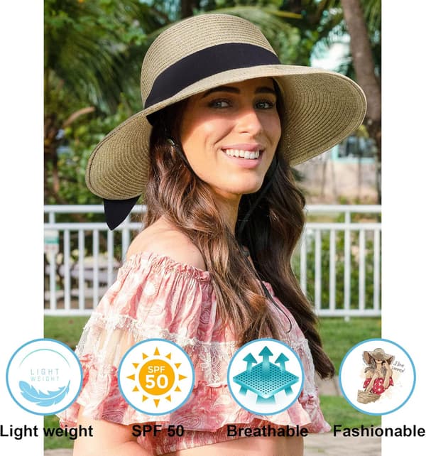 Solhatter for kvinner UPF 50+ Kvinners lette sammenleggbare/pakkelige strand solhatt Beige