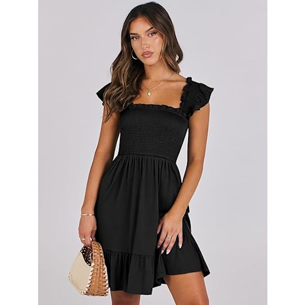 Naisten kesän rento hihaton nelikulmainen kaula-aukko mekko 2025 Smocked Ruffle Backless Boho Beach Söpö teini lyhyt aurinkomekko XL
