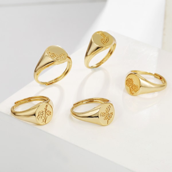 Handgjord blomst signet ring - 18K guldring - minimalistisk