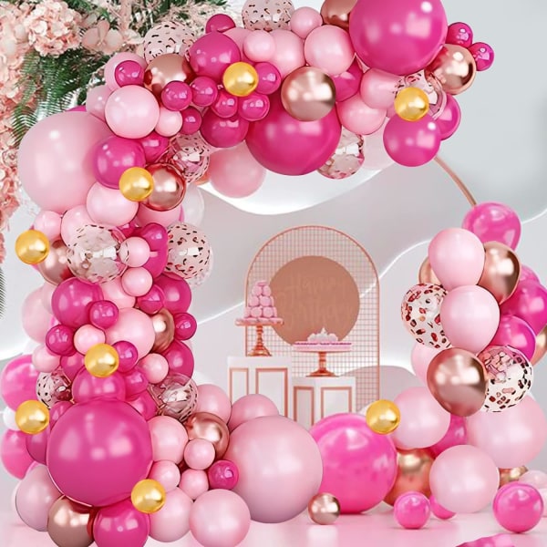 Ballongbågsset för flickors födelsedagsfest - rosa, varmrosa, pastellrosa, krom och konfettiballonger - girlangset för möhippa, mors dag, babyshower Pink and Gold