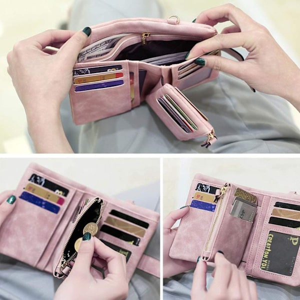 Naisten pieni nahkainen bifold-lompakko Rfid-ranneke korttipaikoilla id-ikkunalla vetoketjullinen kolikkopussi---Pinkki