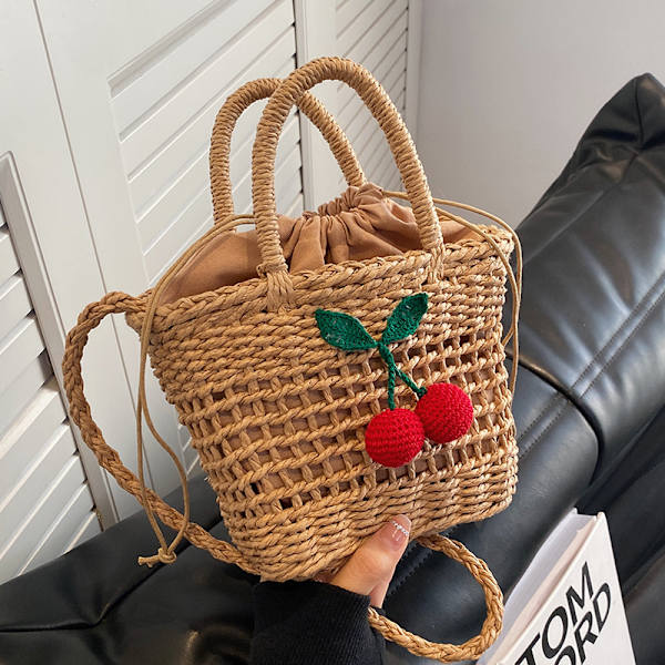 Lille halm spand tasker til kvinder sommer crossbody tasker dame rejse pung og håndtasker kvindelige skulder messenger taske khaki cherries