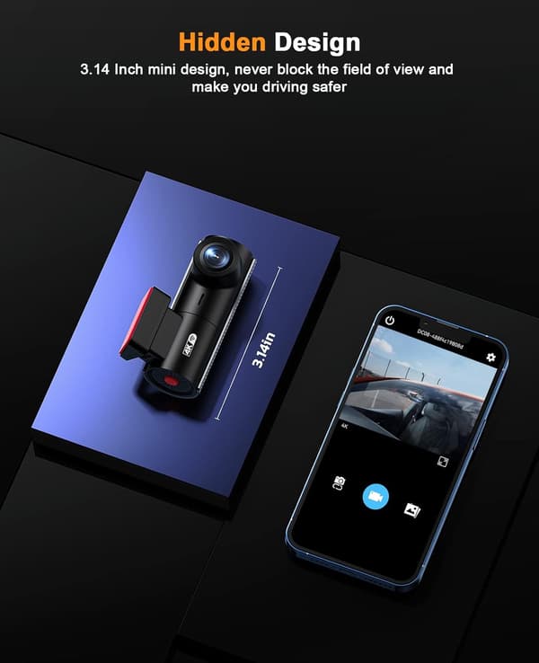 Dash Cam 4K WiFi 2160P Bildekamera for Bil, Dash Kamera for Biler, Mini Front Dashcam for Biler med Nattsyn, Loop-opptak, G-Sensor, 24H Parkeringsmonitor,