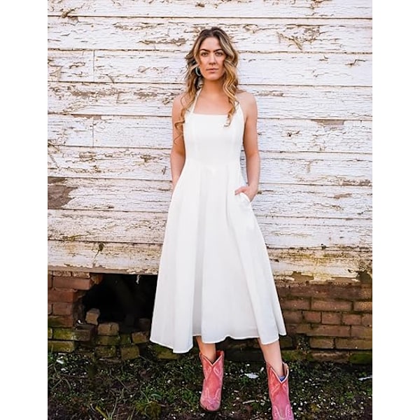 Dame Sommer Ærmeløs Halter Midi Kjole 2025 Off Shoulder Høj Talje Swing Flowy Strand Lange Kjoler L
