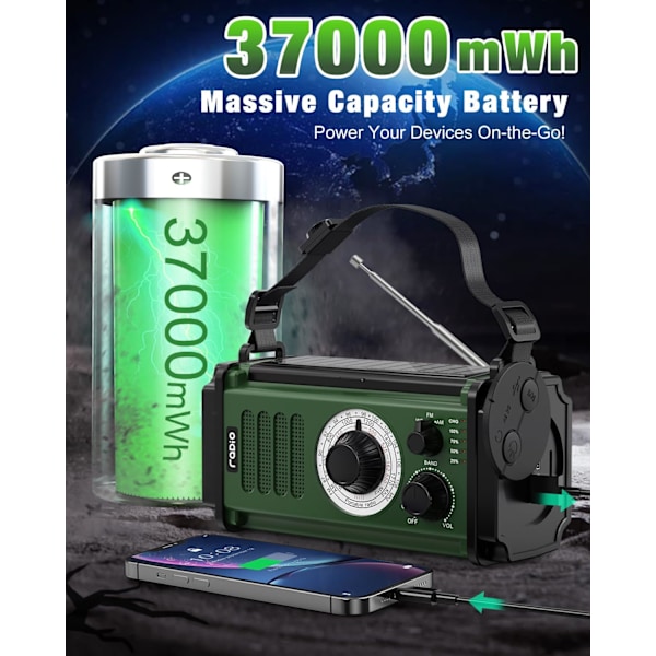 Nödradio, Solradio, 37000mWh Handvevradio, NOAA AM FM Väderradio, 5 Laddningsmetoder, Polymerbatteri, Ficklampa & Läslampa, SOS-Alarm Green