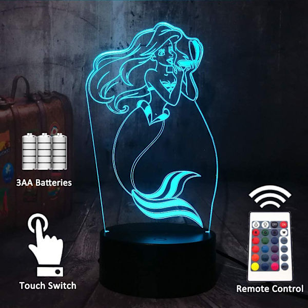 Vakker Den Lille Havfrue Leke Prinsesse Ariel RGB 3D Illusions Nattlys Romantisk Jenteleker LED Skrivebordslampe Bursdagsgave Barfest Hjemmedekor C