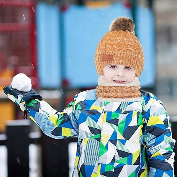 Vintermössa, Halsduk och Vantar Set för Barn, Toddler Vintermössa Stickade Vantar Halsvärmare med Fleecefodrad för Barn 2-5 År Yellow