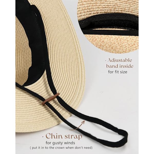 Dam- och herrhatt i Panama med bred brätte, solhatt i halm för sommar och strand, UPF-halmhatt för kvinnor Beige