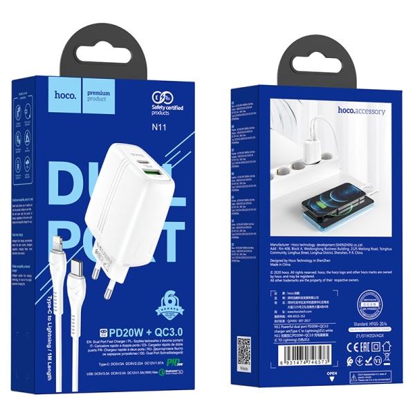 hoco. N11 Youneng dubbelport PD20W+QC3.0 laddare för iPhone12