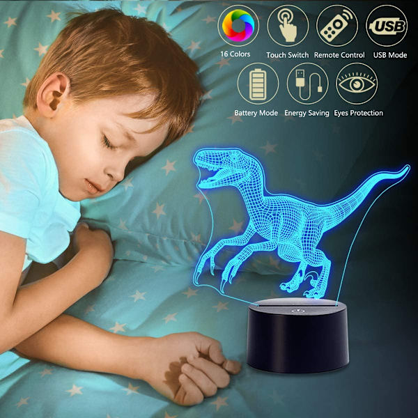 Cool 3D Jurassic Dinosaur Nattlampa, LED Velociraptor Rapt