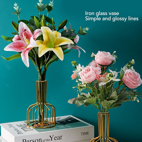 Metallblomvas ihålig modern elegant gyllene separat design klar glasblomvas prydnad för hemmet