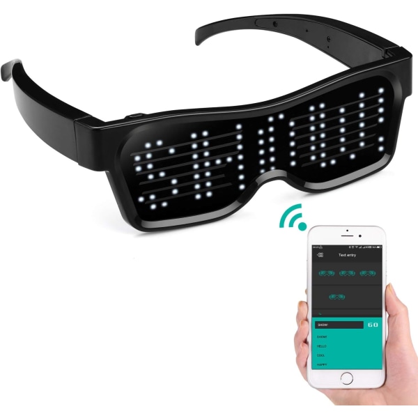 LED-glasögon, Bluetooth APP-anslutna LED-display Smart Glasses USB-laddningsbara DIY Funky Eyeglasses för festklubb DJ Halloween Jul(Text, Graf