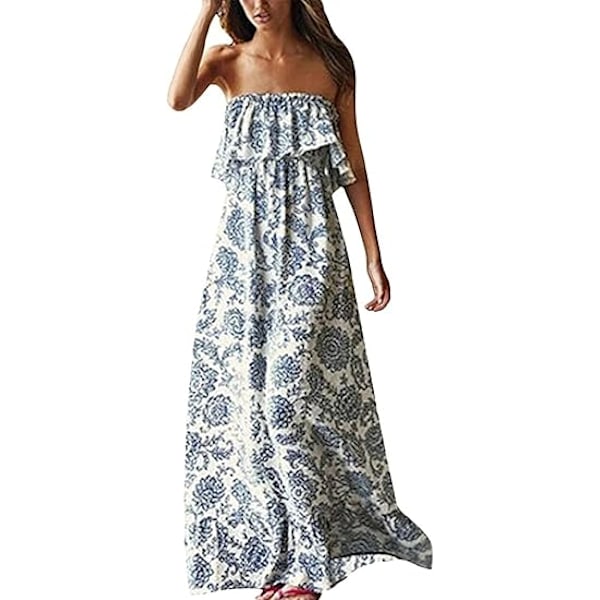 Dame Sommer Off Shoulder Maxikjole Flæse Stropløs Blå Hvid Porcelæn Boho Afslappet Løse Lange Kjoler XL