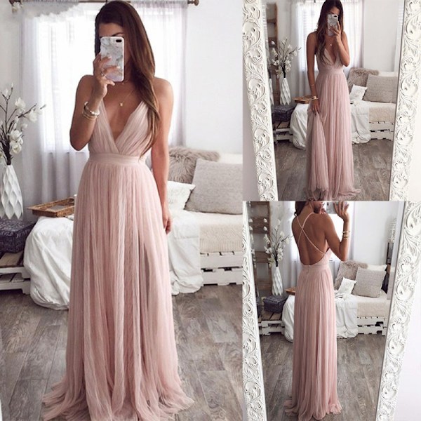 Elegant Open Back Mesh Flowing Slim Waist Sling Kjole (Pink L)