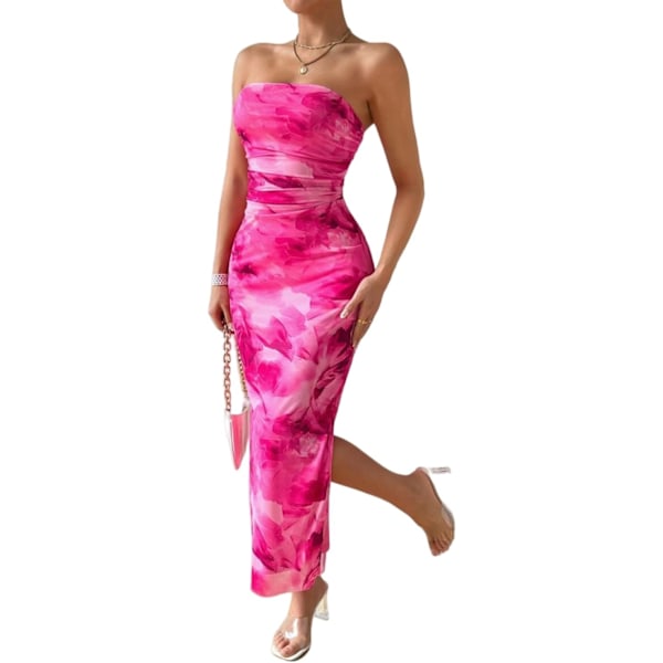 Sommerkjole til kvinder med print, stropløs tube top kjole, bodycon maxikjole med sideslids og lag af mesh L