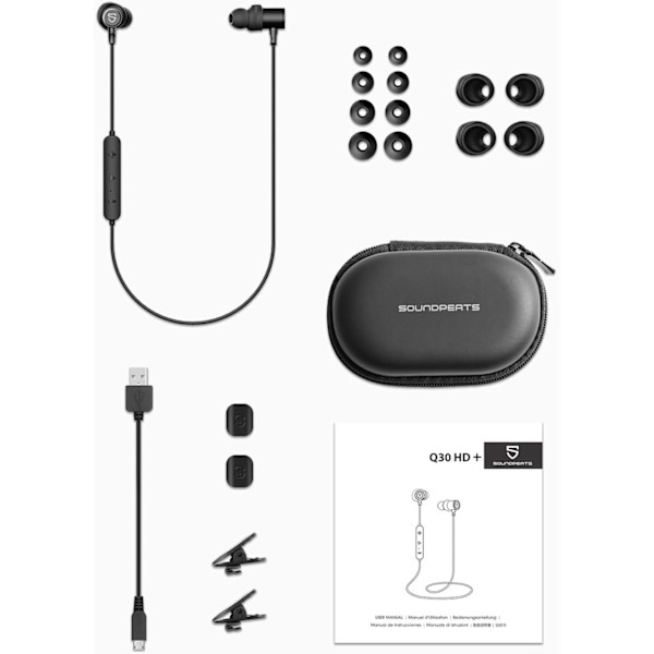 Q30 HD+ Bluetooth-kuulokkeet korvan sisäiset langattomat 5.2 magneettiset kuulokkeet IPX5 hikikestävät nappikuulokkeet mikrofonilla urheiluun, upea basso, 10 mm:n ajurit, Black