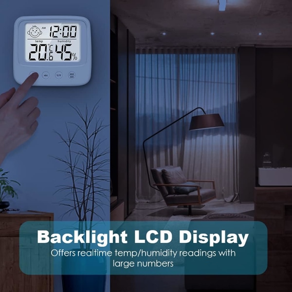 Digitaalinen hygrometr sisäilman lämpömittari huonelämpömittari ja kosteusmittari lämpötilan ja kosteuden seurannalla, taustavalo, kello ja ℃/℉-toiminto