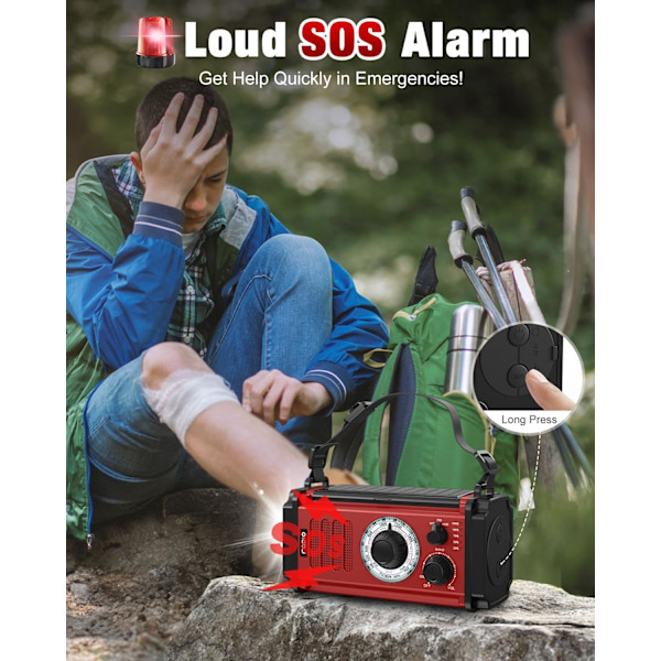 Nödradio, Solradio, 37000mWh Handvevradio, NOAA AM FM Väderradio, 5 Laddningsmetoder, Polymerbatteri, Ficklampa & Läslampa, SOS-Alarm Red