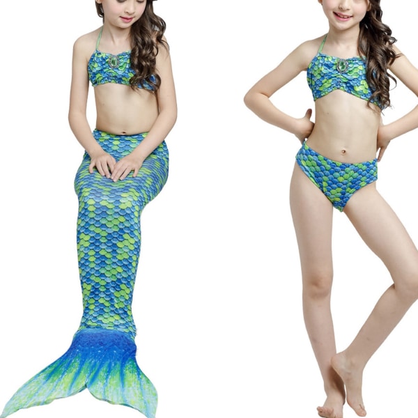 Tyttöjen kalapyrstö-uimapuku solmio riimu kaula Slim Fit pehmeä, joustava lasten 3-osainen uima- set uima-allasjuhliin Beach Green 120cm/47.2in